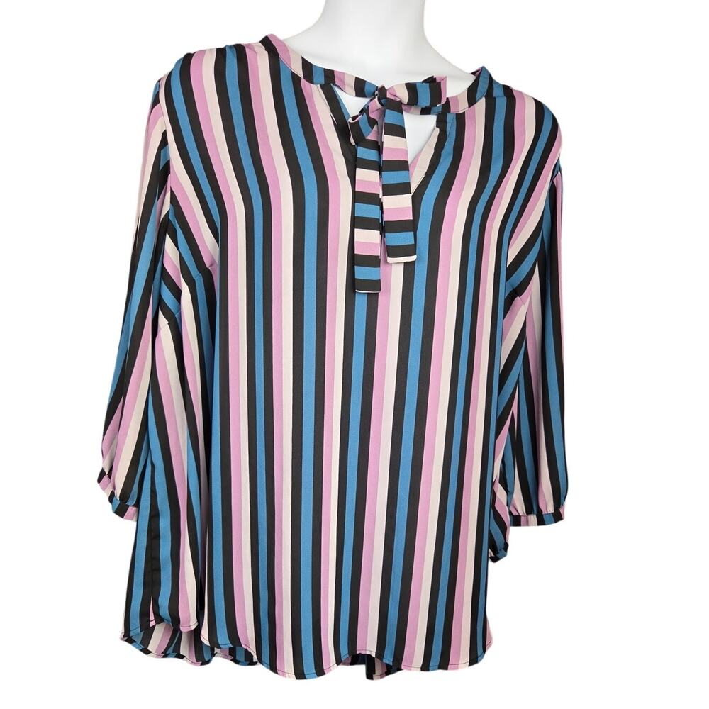 Torrid Blouse Women's Size 5 (5X) Striped Tie Neck Keyhole Pink Blue Black Plus